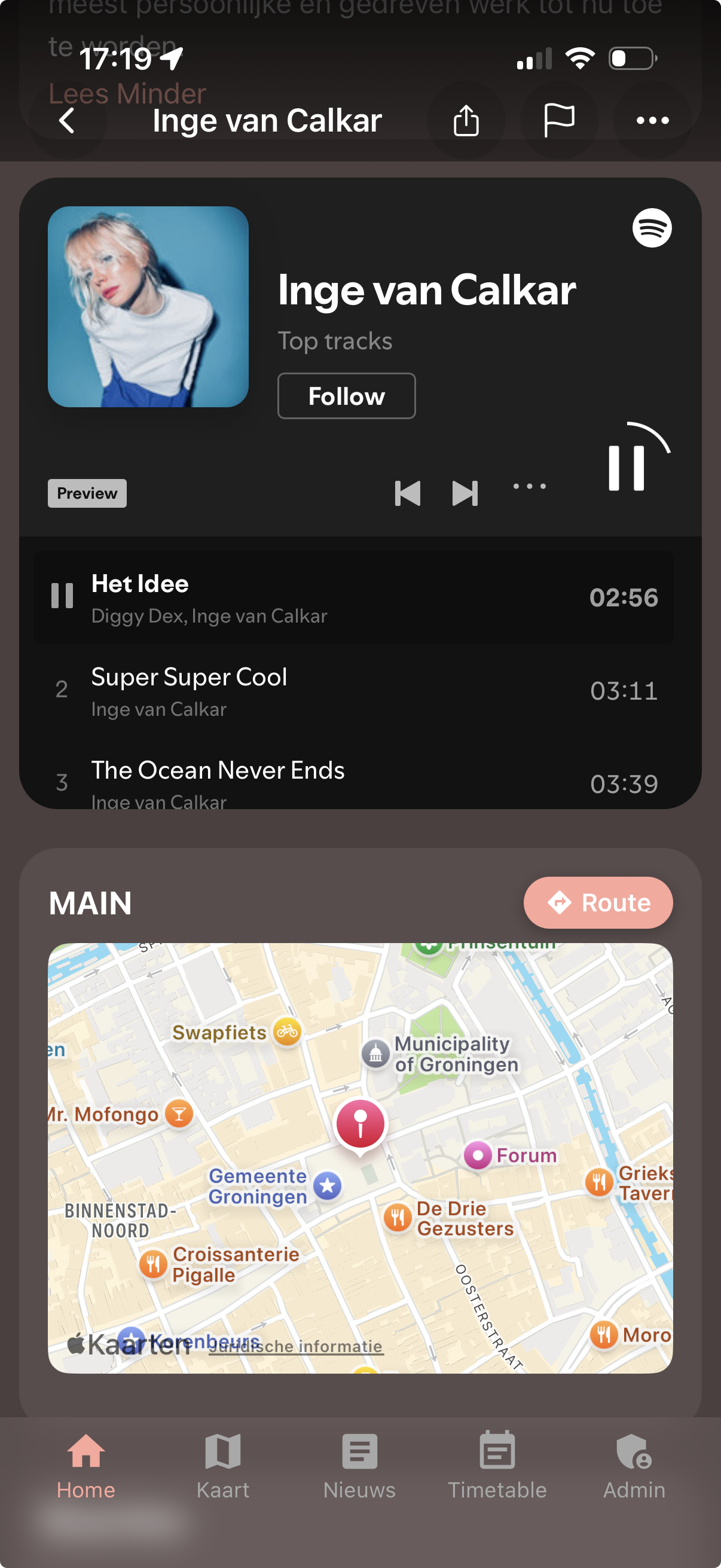 Jamr artist profile - event detail with artist photo and Spotify integration with top tracks