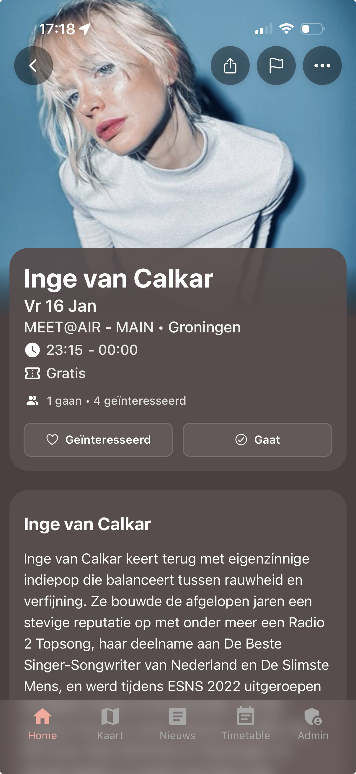 Jamr artist profile - event detail with artist photo and Spotify integration with top tracks